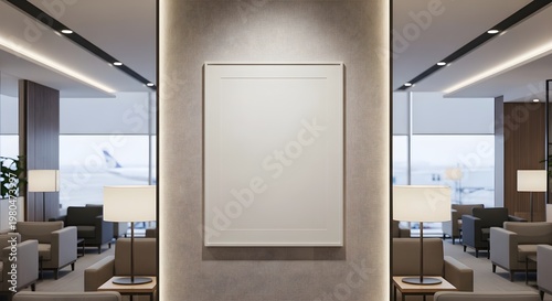 Modern airport lounge interior with empty white poster on wall comfortable seating area with beige chairs and tables floor lamps and large windows showing airplane outside ideal for