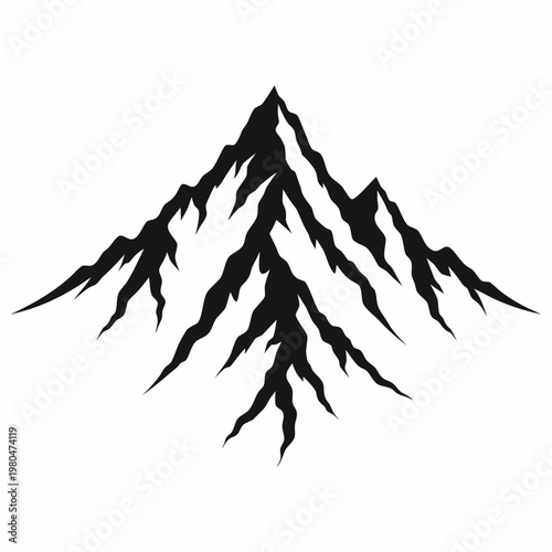 Black mountain range silhouette, vector mountain icon, landscape graphic, adventure symbol
