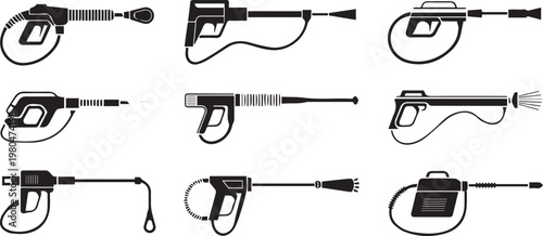 pressure washer spray gun icons grid vector set of silhouettes