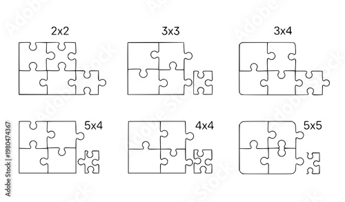 A vector graphic illustration of six puzzle sets with missing pieces