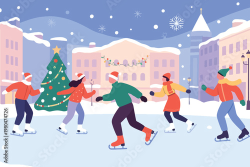 Illustration Of A Park Decorated To Celebrate Christmas, Young People Playing Ice Skating Vector Design Template