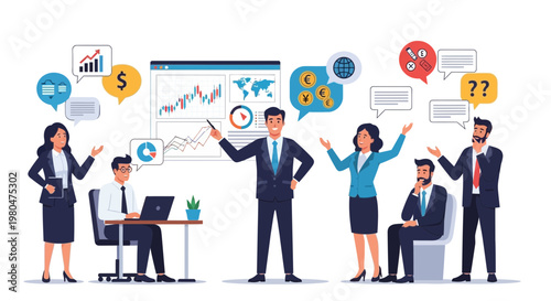 Business team presentation discussing financial analysis and global strategy