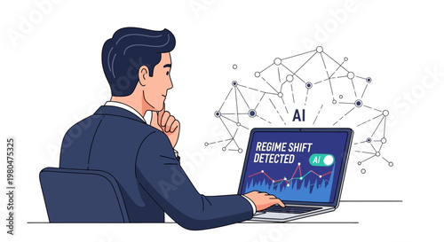 Businessman analyzes data on a laptop screen with ai and regime shift