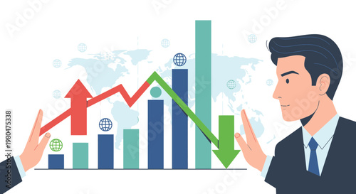 Businessman analyzes financial data charts graphs indicating growth decline analysis