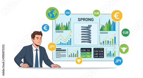 Businessman analyzes financial data charts with spring graphic on white background