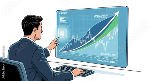 Businessman analyzes financial data graph on a digital screen vector illustration