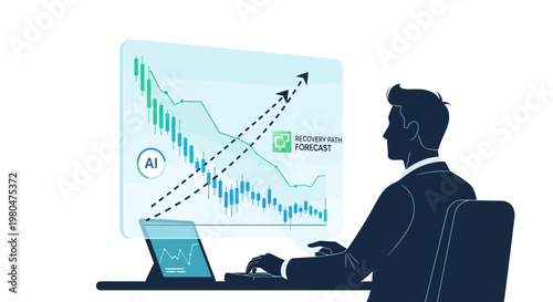 Businessman analyzes financial data on a digital screen with growth graph