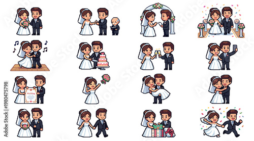 Cute wedding couple character set with bride groom family poses and romantic ceremony moments in cartoon vector style isolated on white background