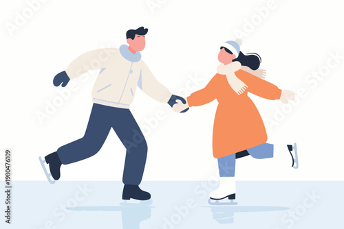 Illustration Of A Couple Playing Ice Skating On An Ice Skating Rink With A White Background Vector Design Template