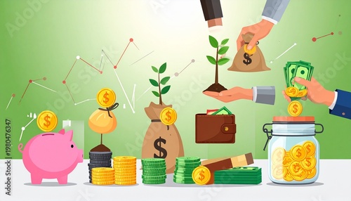 Plant growing from coins surrounded by money saving icons