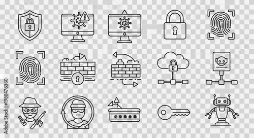 Cybersecurity and digital protection icons representing various security measures and threats.
