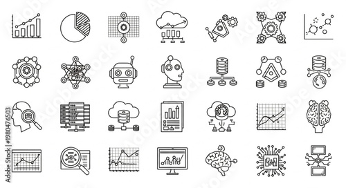 Data analysis and technology icons representing various aspects of information and digital innovation.