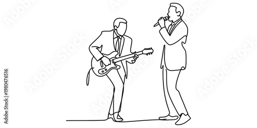 Continuous line drawing of a musician playing electric guitar while a singer performs on stage