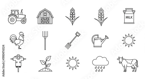Farm life illustration with various agricultural elements and tools in a line art style.