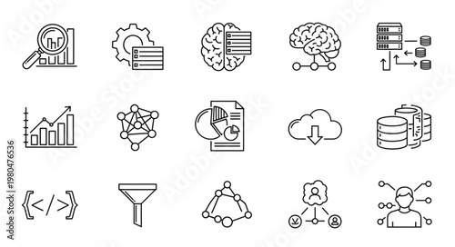 Data analysis and visualization icons representing technology and business concepts.