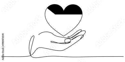 A continuous line drawing depicting a human hand gently cradling a heart with a black upper half