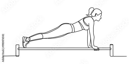 A continuous line drawing of a woman performing a challenging plank exercise on a metal bar pole