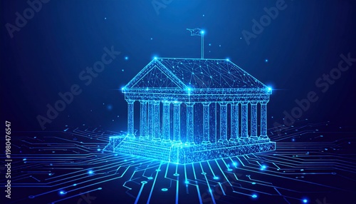 Digital governance and smart institution concept with glowing polygonal government building connected to circuit board on dark blue background.