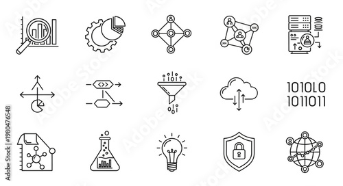Data analysis and visualization icons representing technology and science concepts.