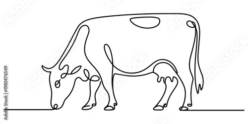 Minimalist continuous single line drawing of a dairy cow grazing on a flat farm field surface
