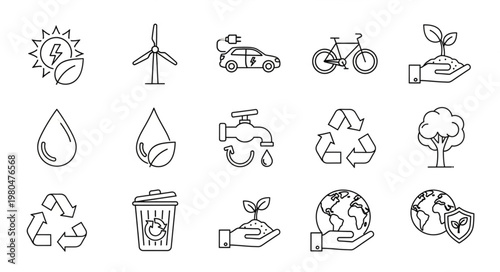 Environmental sustainability icons representing eco-friendly concepts and practices.