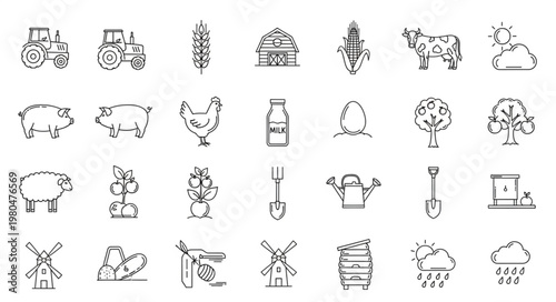 Farm life illustration with various agricultural elements and animals in a sketch style.