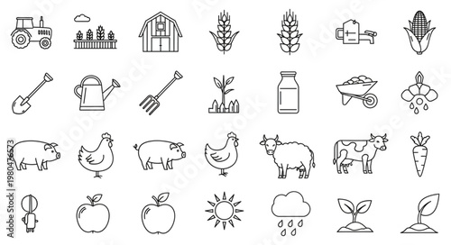 Farm life icons depicting agriculture, farming, and rural elements in a simple outline style.