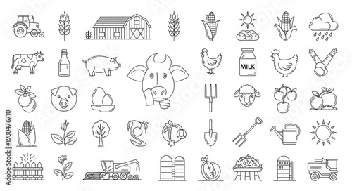 Farm life icons collection, various agricultural elements, vector illustration, black and white.