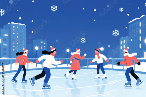 Illustration Of A Group Of Teenagers Ice Skating On A Rink With A Backdrop Of Snow Covered Buildings At Night Vector Design Template