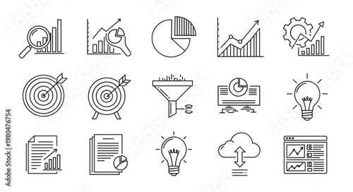 Data analysis and business intelligence icons representing various concepts and ideas.