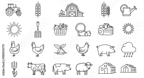Farm life illustration with various agricultural elements and animals in a simple line art style.