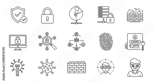Cybersecurity and digital protection icons representing various security measures and concepts.