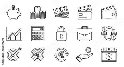 Financial icons representing savings, investments, and business concepts for economic success.