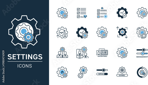 Settings and configuration icon set in flat outline style featuring gear controls system management and customization options for software interface design