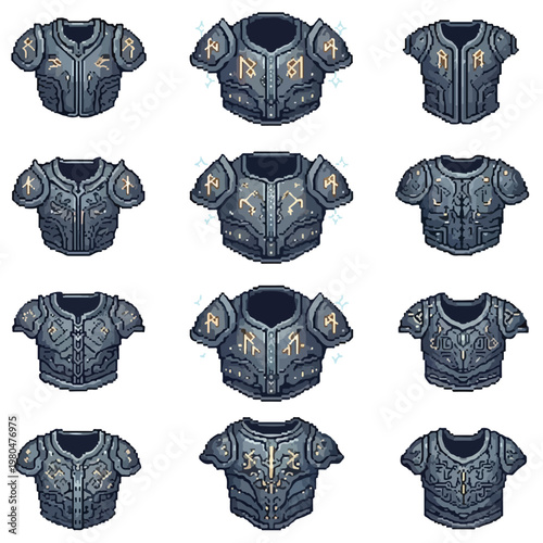 A collection of twelve unique pixel-art dark metal chestplate armor icons featuring glowing runes and intricate details for game assets.