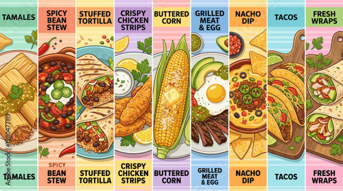 Mexican street food poster set with tacos tamales burrito nachos quesadilla and wraps in colorful vertical banners for restaurant menu and fast food promotion