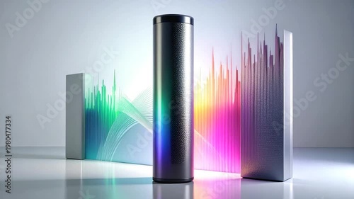 A black cylindrical object, light and colors are the focus. Abstract