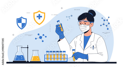 Scientist in lab coat holding test tube, conducting research with scientific symbols