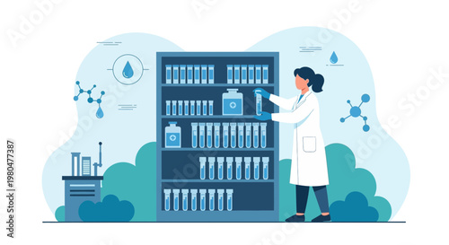 Scientist in Lab Coat Arranging Test Tubes on Shelf in Research Laboratory