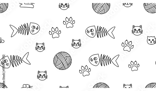 Cat seamless pattern vector paw print yarn fish bone black white pet design
