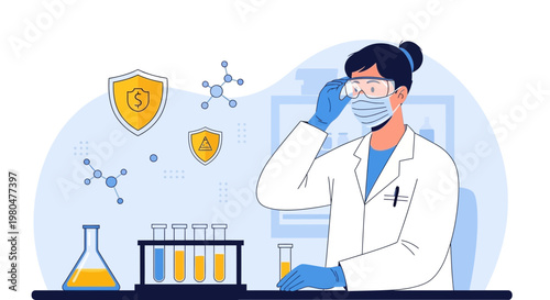 Scientist in lab coat and mask working with chemicals and test tubes, science research concept