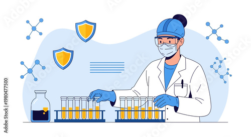Scientist in Lab Coat Working with Test Tubes and Molecular Structures