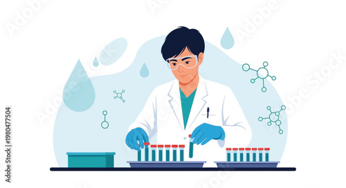 Scientist in Lab Coat Working with Test Tubes and Molecules, Research and Development