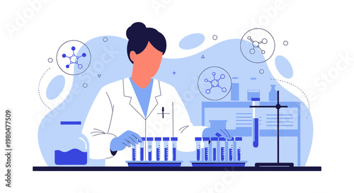 Scientist in Lab Coat Working with Test Tubes and Molecules, Science Research