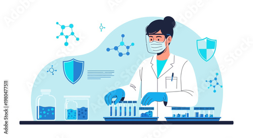 Scientist in Lab Coat Working with Test Tubes and Molecules, Scientific Research