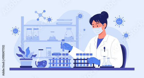 Scientist in Lab Coat Working with Test Tubes and Virus Models