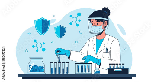 Scientist in lab coat, face shield, and mask conducts research with test tubes and protective shields