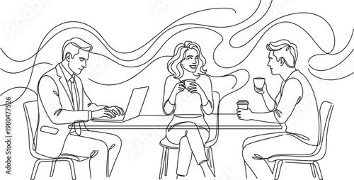 People sitting in cafe using laptop and smartphone line art illustration, social interaction concept, modern lifestyle and digital communication in coffee shop setting