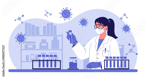 Scientist in Lab Coat Working with Test Tubes, Researching Virus in Laboratory
