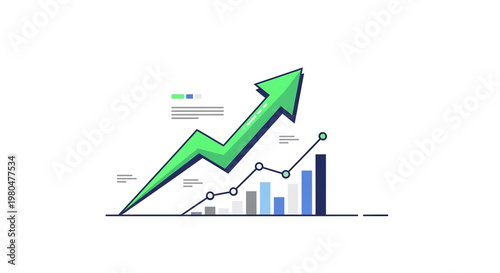 A green arrow points upward on a graph with a bar chart and line graph showing growth and success